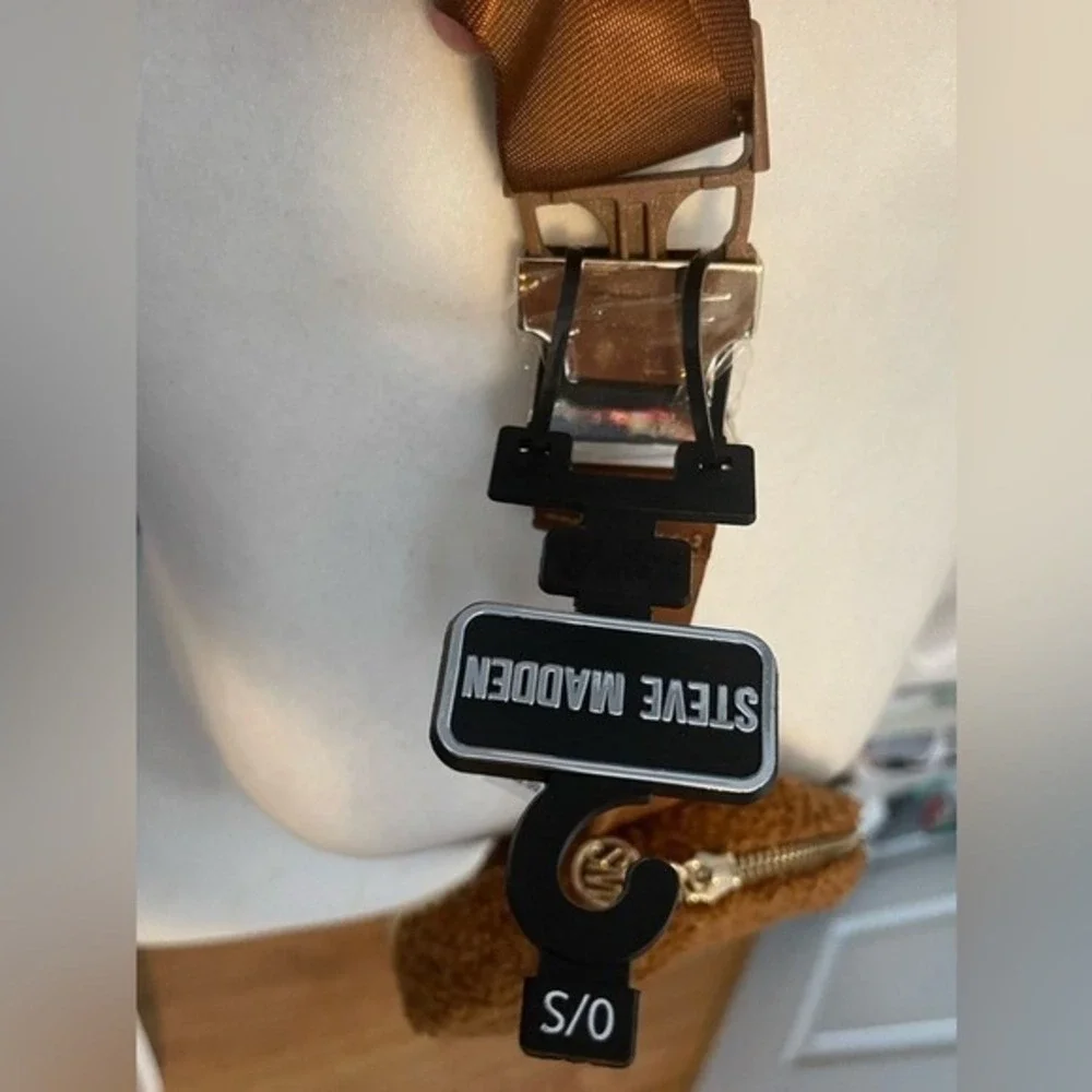 Steve Madden Teddy Sherpa Belt Bag Fanny Pack Brown SM Logo Adjustable Strap